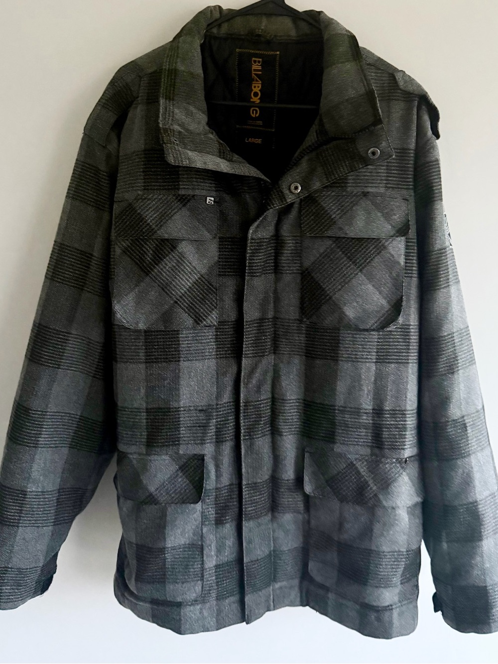 Billabong Mens Large Gray Black Plaid Military Field Jacket Quilted Lined